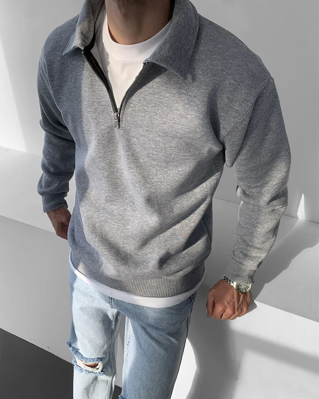 Gri Yakası Fermuarlı Basic Sweatshirt