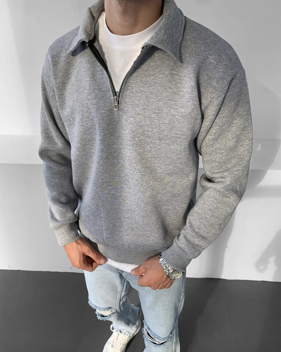 Gri Yakası Fermuarlı Basic Sweatshirt